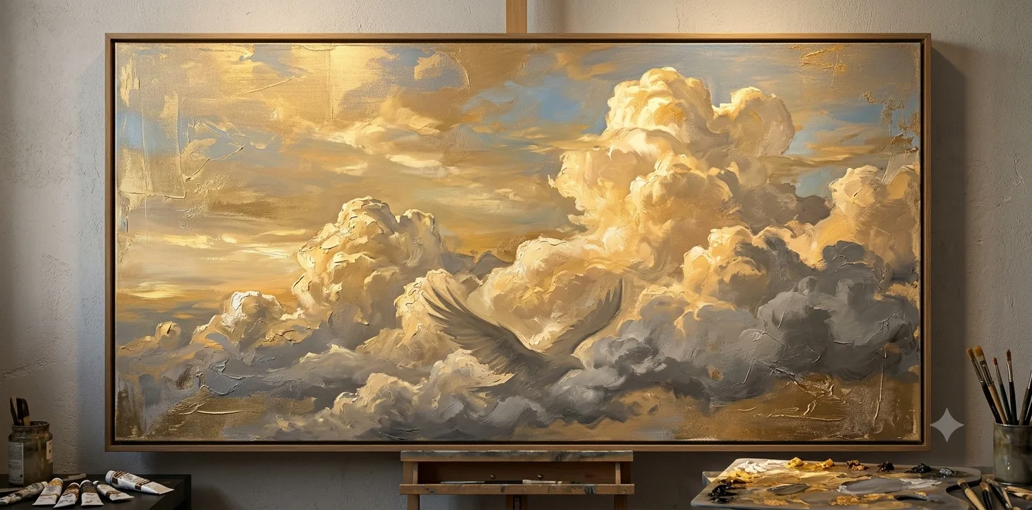 Golden Hour Cumulus, an 8 by 4 foot original oil painting of sculptural gold and ivory clouds against a soft blue sky, displayed on an easel in the studio